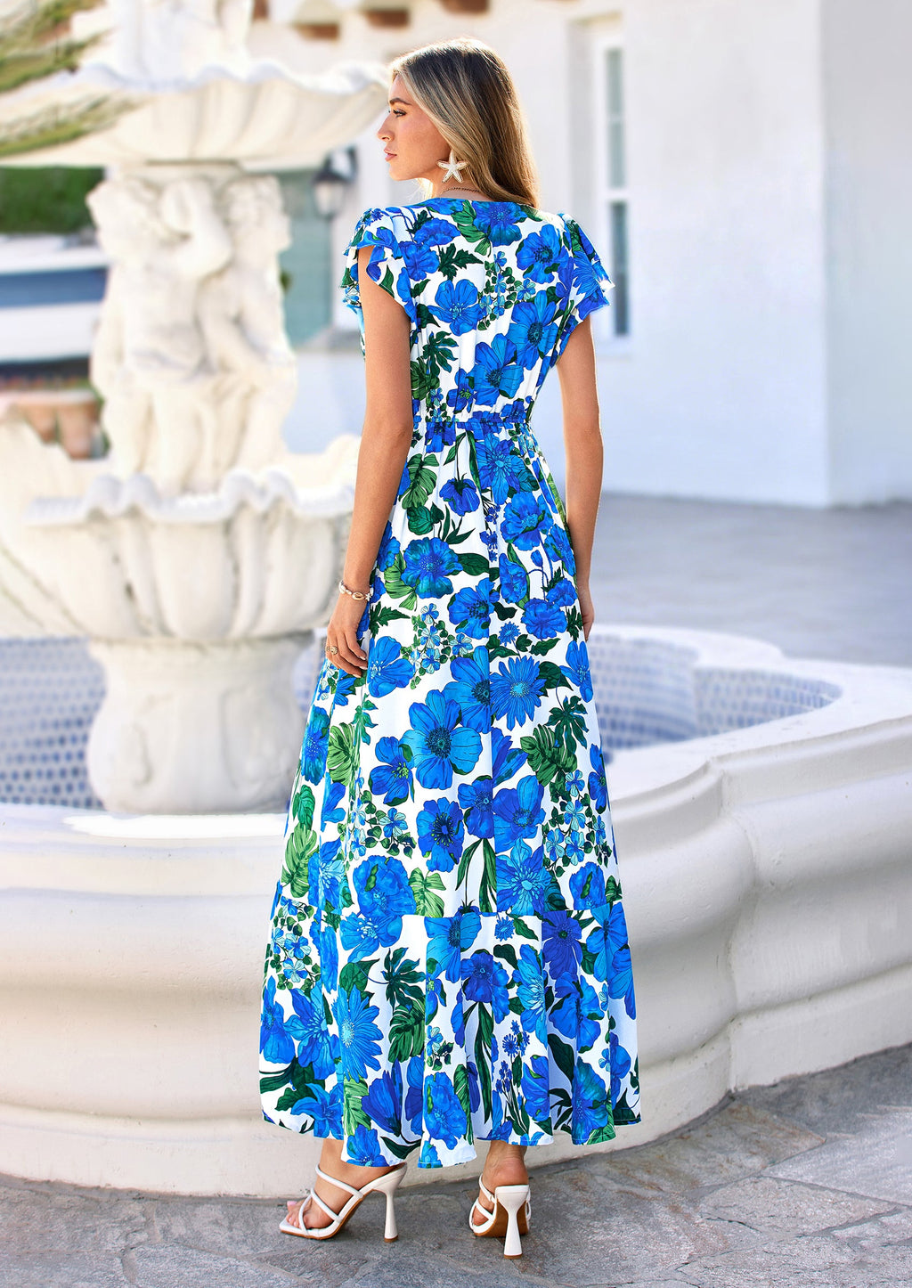 PRETTYGARDEN Wedding Guest Dresses for Women Spring Summer Short Sleeve Ruffle V Neck Floral Flowy Beach Maxi Long Dress