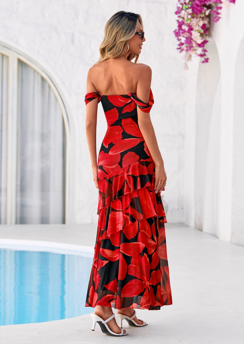 PRETTYGARDEN Women's Formal Cocktail Maxi Dresses Summer Off Shoulder Floral Mesh Bodycon Spring Wedding Guest Dress