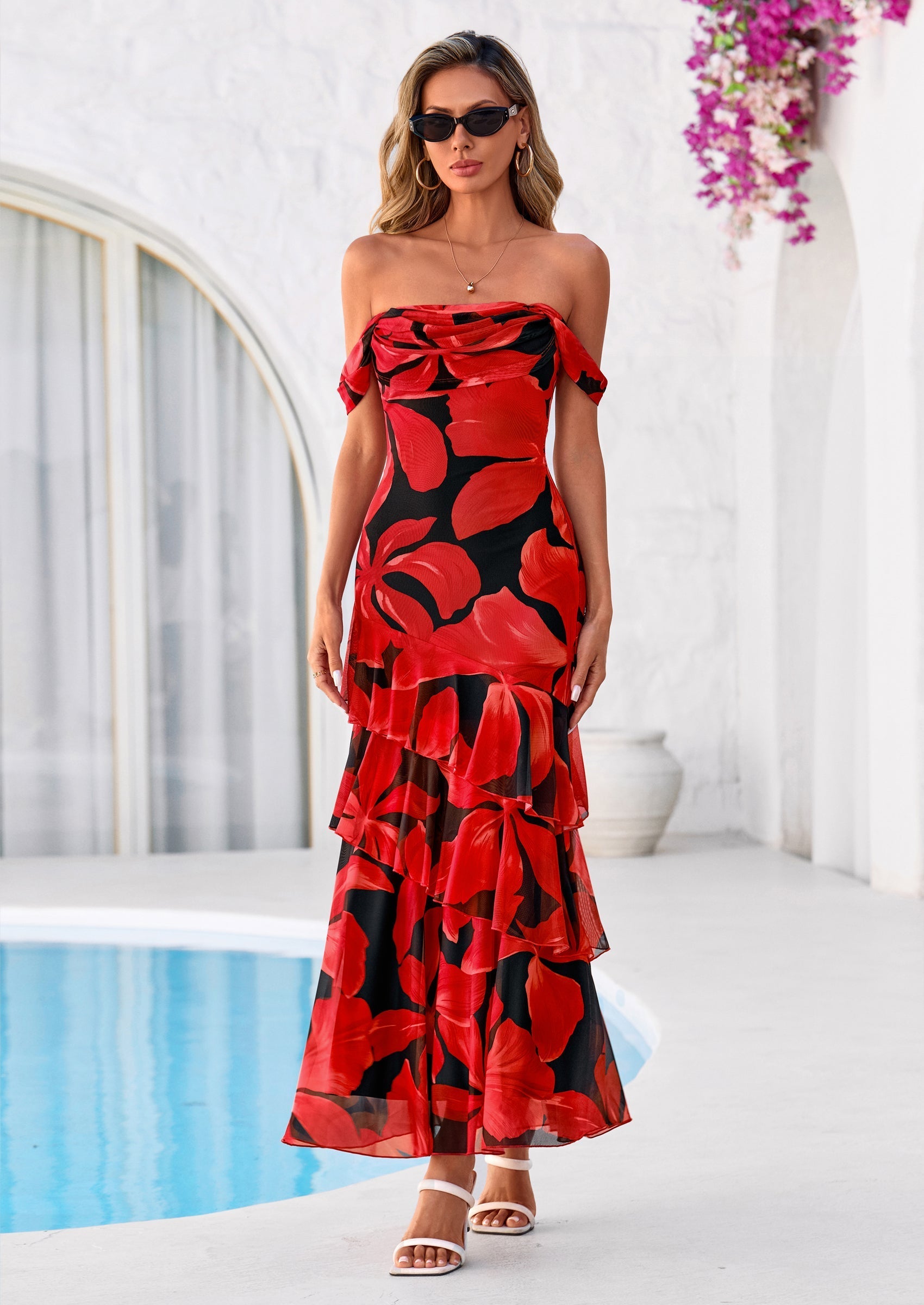 PRETTYGARDEN Women's Formal Cocktail Maxi Dresses Summer Off Shoulder Floral Mesh Bodycon Spring Wedding Guest Dress