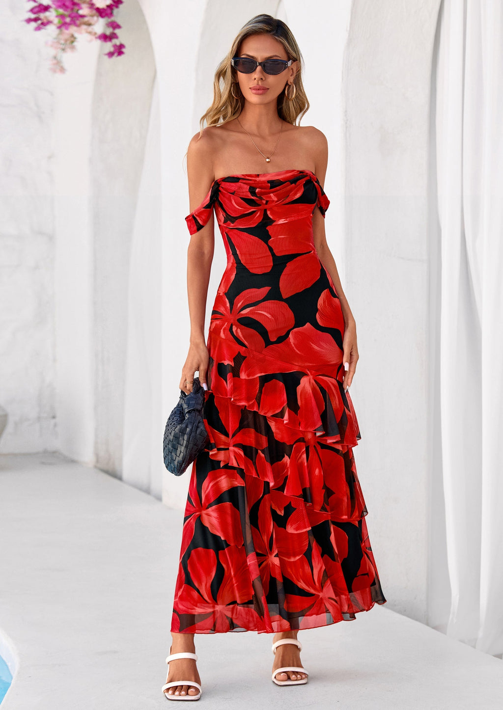 PRETTYGARDEN Women's Formal Cocktail Maxi Dresses Summer Off Shoulder Floral Mesh Bodycon Spring Wedding Guest Dress