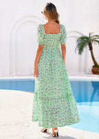 PRETTYGARDEN Women's Floral Boho Maxi Dresses Flowy Short Sleeve A Line Smocked Eyelet Summer Beach Vacation Clothes