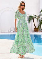 PRETTYGARDEN Women's Floral Boho Maxi Dresses Flowy Short Sleeve A Line Smocked Eyelet Summer Beach Vacation Clothes