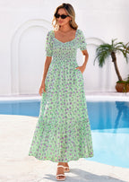 PRETTYGARDEN Women's Floral Boho Maxi Dresses Flowy Short Sleeve A Line Smocked Eyelet Summer Beach Vacation Clothes