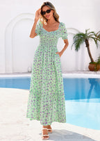 PRETTYGARDEN Women's Floral Boho Maxi Dresses Flowy Short Sleeve A Line Smocked Eyelet Summer Beach Vacation Clothes