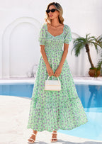PRETTYGARDEN Women's Floral Boho Maxi Dresses Flowy Short Sleeve A Line Smocked Eyelet Summer Beach Vacation Clothes