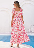 PRETTYGARDEN Women's Floral Boho Maxi Dresses Flowy Short Sleeve A Line Smocked Eyelet Summer Beach Vacation Clothes