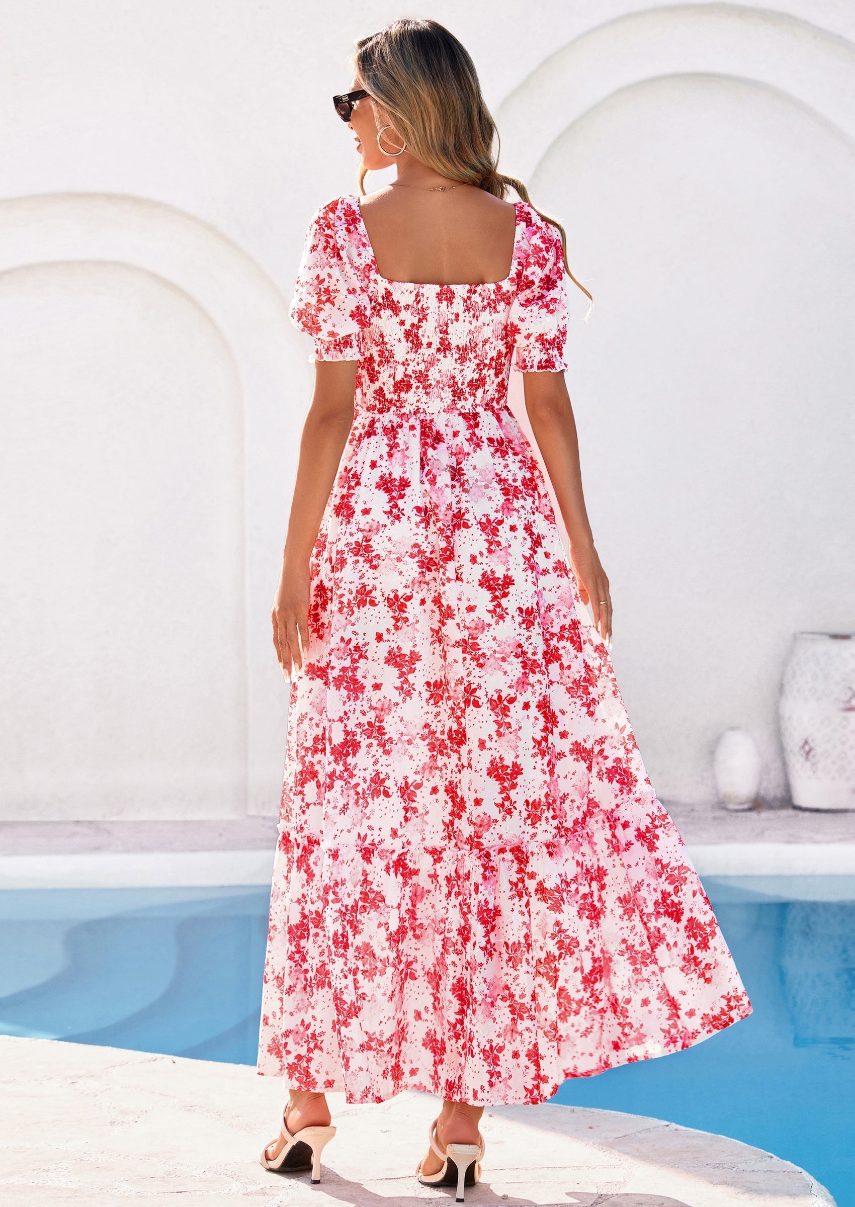PRETTYGARDEN Women's Floral Boho Maxi Dresses Flowy Short Sleeve A Line Smocked Eyelet Summer Beach Vacation Clothes