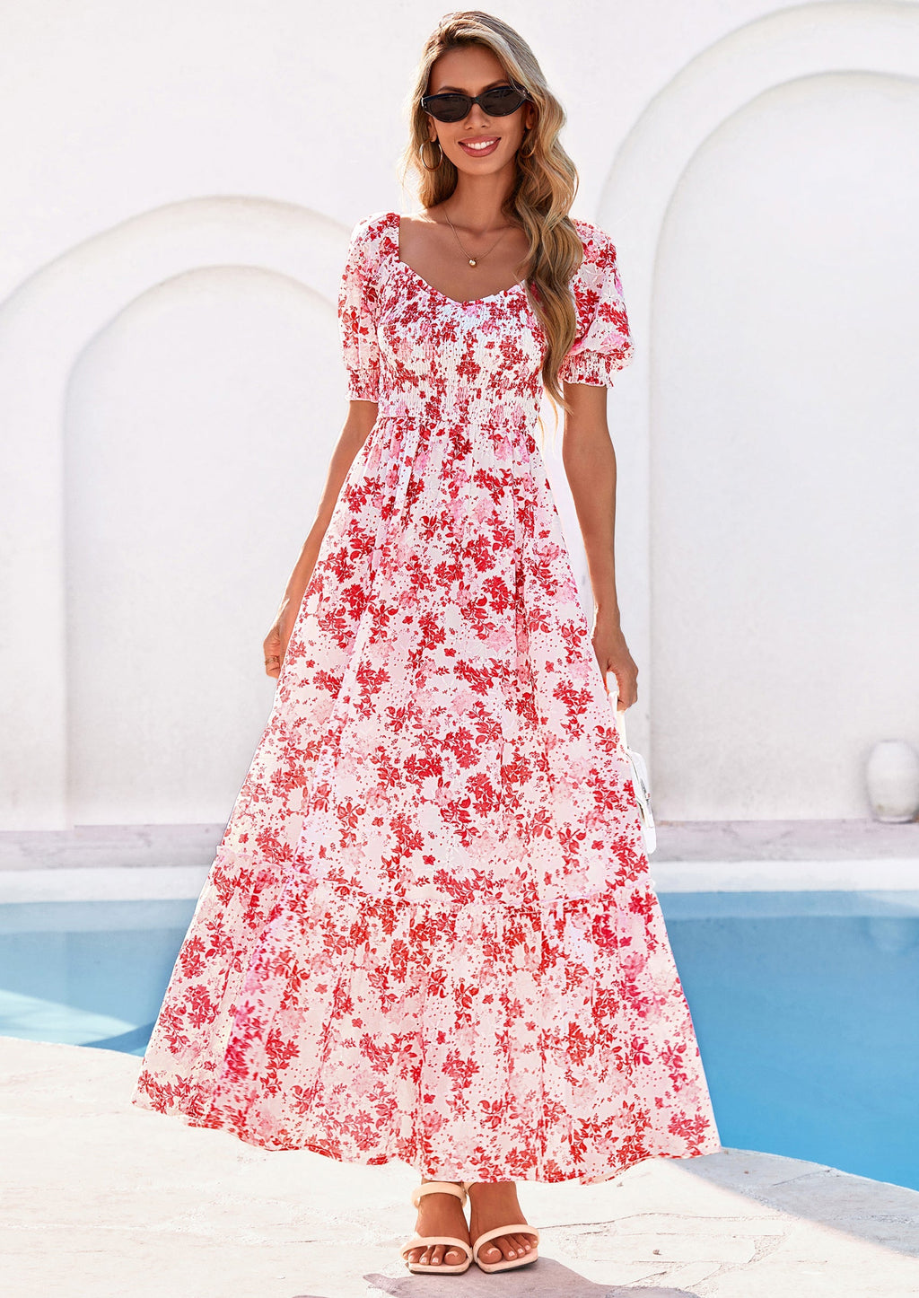 PRETTYGARDEN Women's Floral Boho Maxi Dresses Flowy Short Sleeve A Line Smocked Eyelet Summer Beach Vacation Clothes