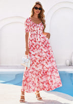 PRETTYGARDEN Women's Floral Boho Maxi Dresses Flowy Short Sleeve A Line Smocked Eyelet Summer Beach Vacation Clothes