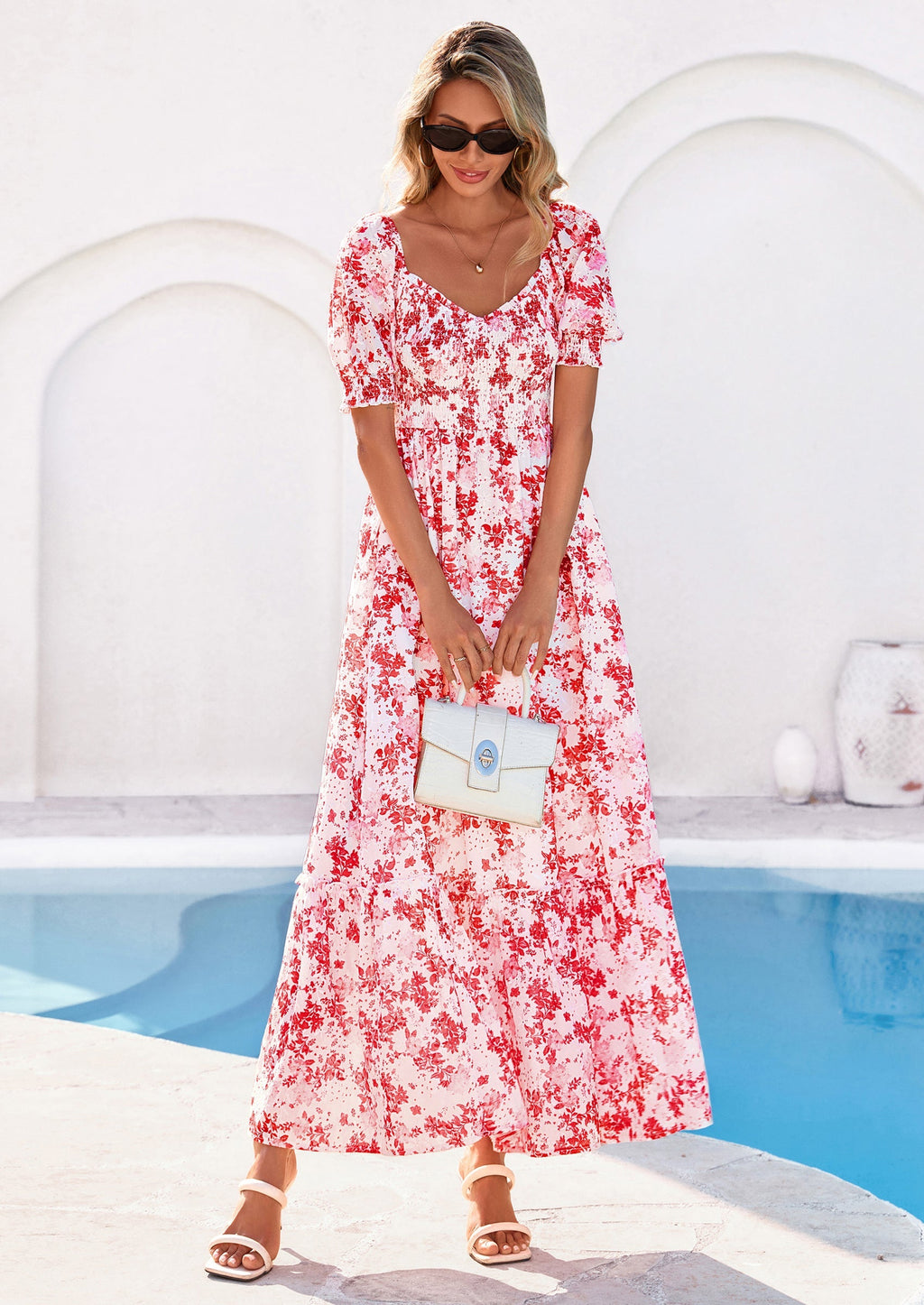 PRETTYGARDEN Women's Floral Boho Maxi Dresses Flowy Short Sleeve A Line Smocked Eyelet Summer Beach Vacation Clothes