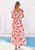 PRETTYGARDEN Women's Floral Boho Maxi Dresses Flowy Short Sleeve A Line Smocked Eyelet Summer Beach Vacation Clothes