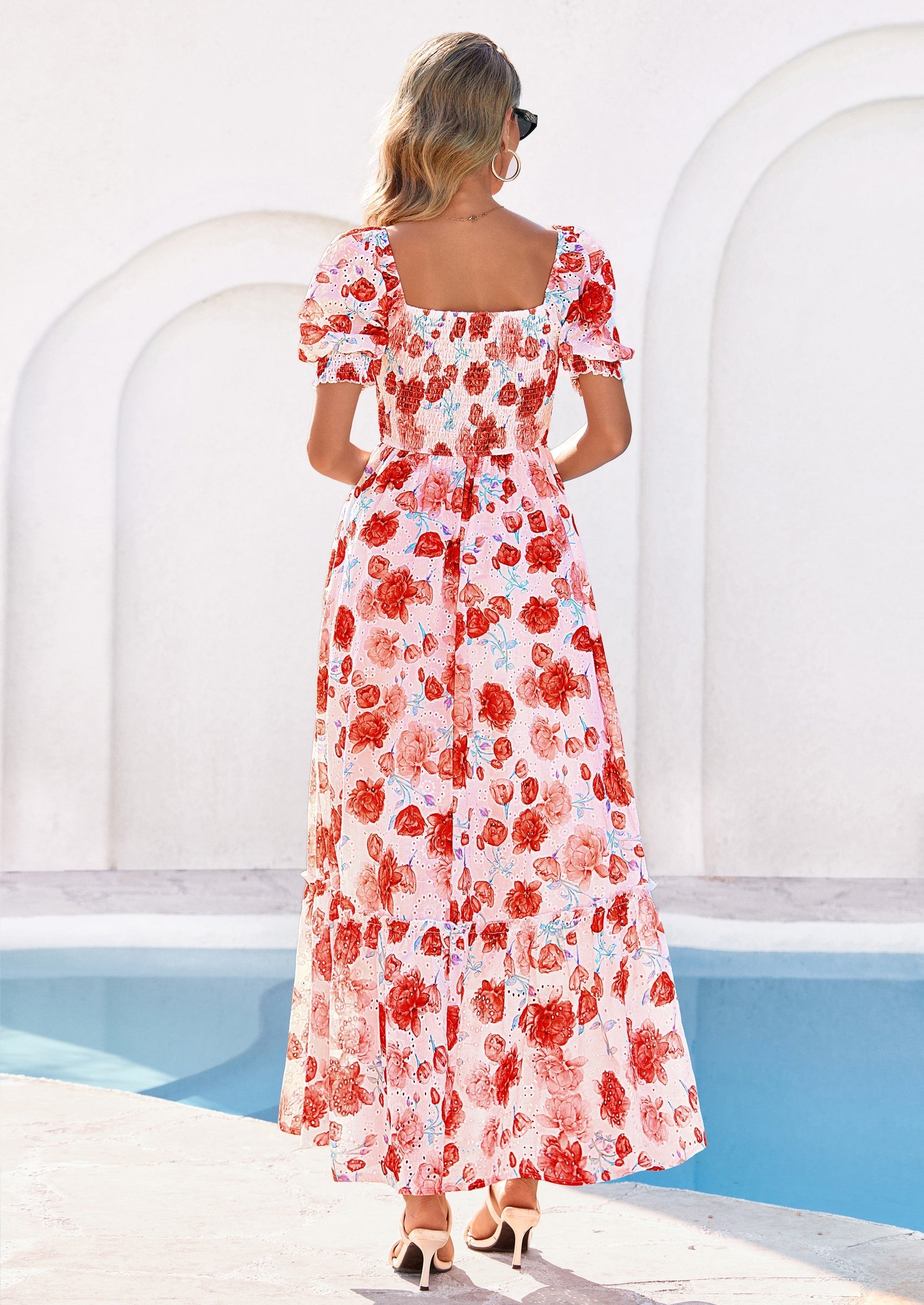 PRETTYGARDEN Women's Floral Boho Maxi Dresses Flowy Short Sleeve A Line Smocked Eyelet Summer Beach Vacation Clothes