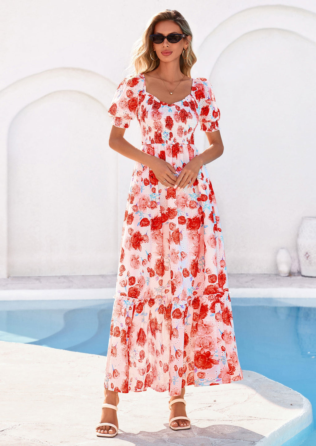 PRETTYGARDEN Women's Floral Boho Maxi Dresses Flowy Short Sleeve A Line Smocked Eyelet Summer Beach Vacation Clothes