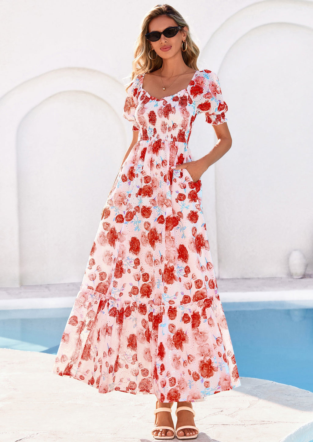 PRETTYGARDEN Women's Floral Boho Maxi Dresses Flowy Short Sleeve A Line Smocked Eyelet Summer Beach Vacation Clothes