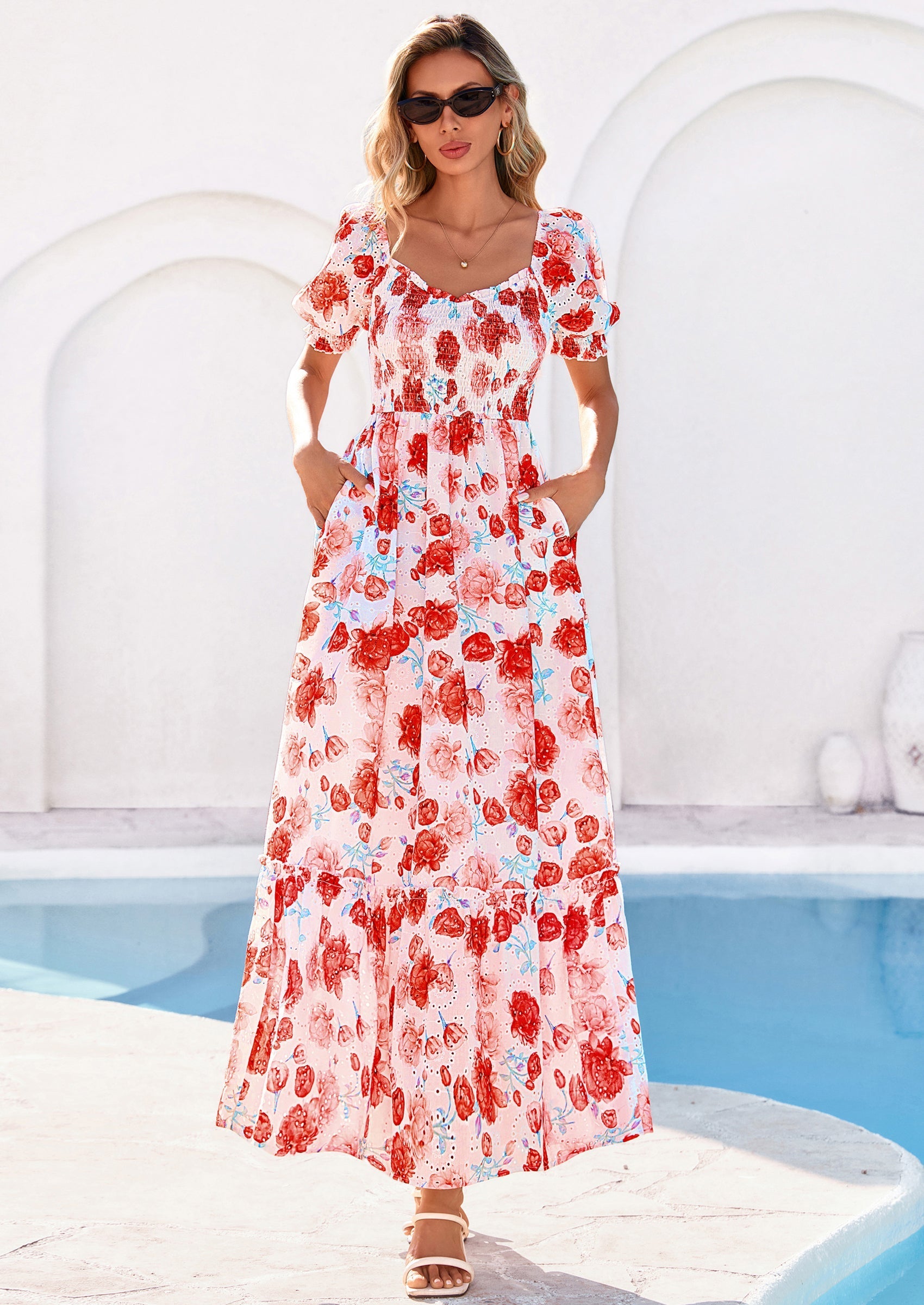 PRETTYGARDEN Women's Floral Boho Maxi Dresses Flowy Short Sleeve A Line Smocked Eyelet Summer Beach Vacation Clothes