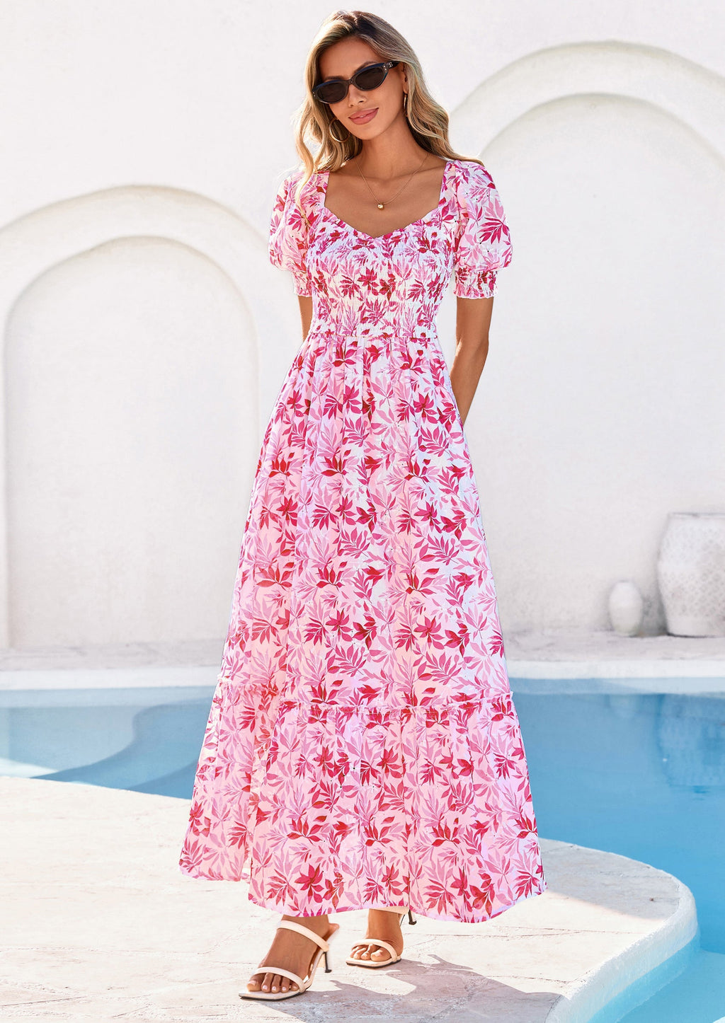 PRETTYGARDEN Women's Floral Boho Maxi Dresses Flowy Short Sleeve A Line Smocked Eyelet Summer Beach Vacation Clothes