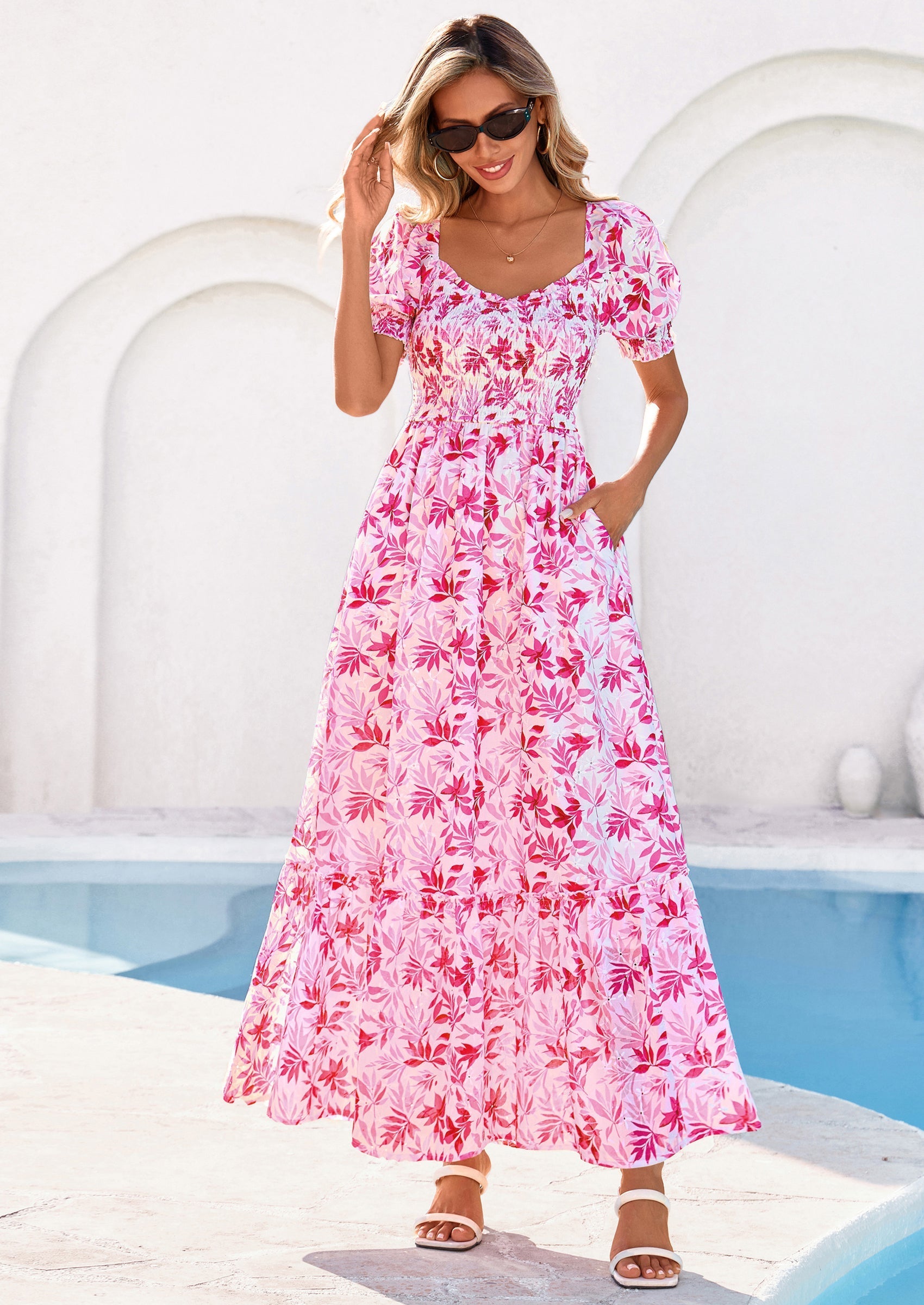 PRETTYGARDEN Women's Floral Boho Maxi Dresses Flowy Short Sleeve A Line Smocked Eyelet Summer Beach Vacation Clothes