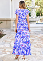PRETTYGARDEN Wedding Guest Dresses for Women Spring Summer Short Sleeve Ruffle V Neck Floral Flowy Beach Maxi Long Dress