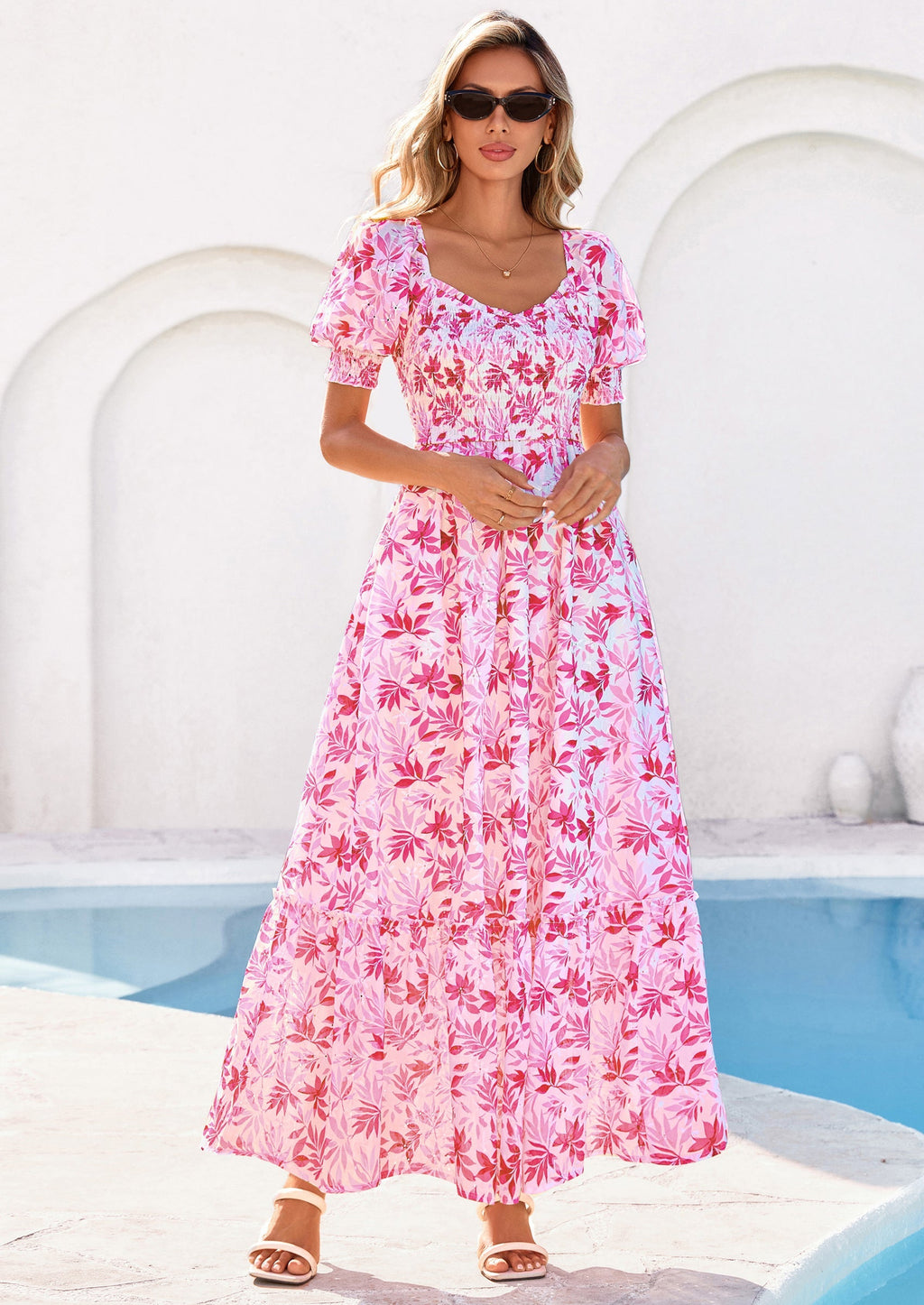 PRETTYGARDEN Women's Floral Boho Maxi Dresses Flowy Short Sleeve A Line Smocked Eyelet Summer Beach Vacation Clothes