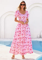 PRETTYGARDEN Women's Floral Boho Maxi Dresses Flowy Short Sleeve A Line Smocked Eyelet Summer Beach Vacation Clothes