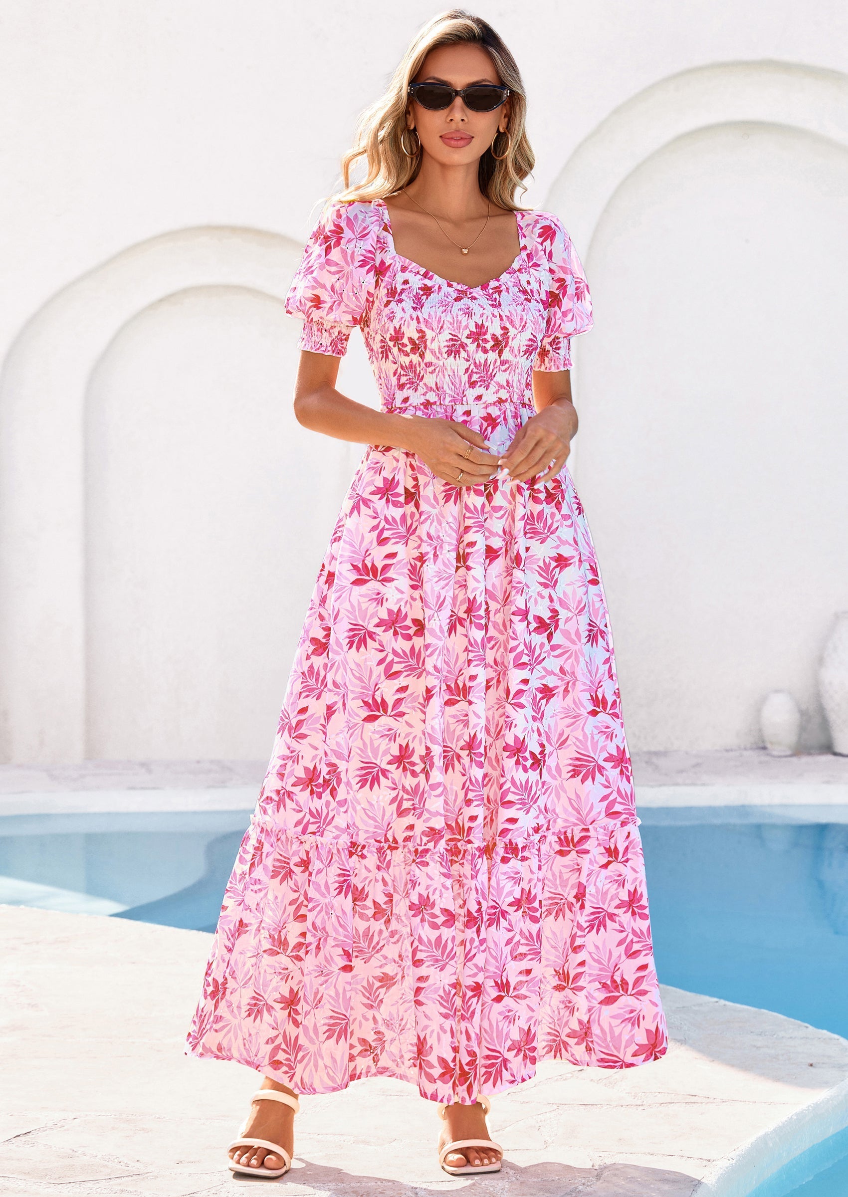 PRETTYGARDEN Women's Floral Boho Maxi Dresses Flowy Short Sleeve A Line Smocked Eyelet Summer Beach Vacation Clothes