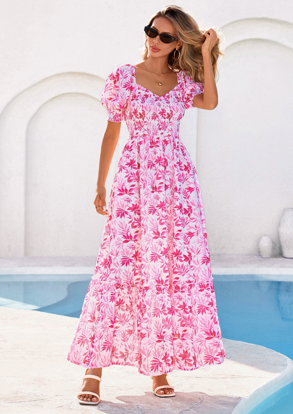 PRETTYGARDEN Women's Floral Boho Maxi Dresses Flowy Short Sleeve A Line Smocked Eyelet Summer Beach Vacation Clothes