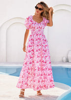 PRETTYGARDEN Women's Floral Boho Maxi Dresses Flowy Short Sleeve A Line Smocked Eyelet Summer Beach Vacation Clothes