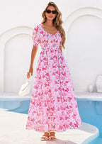PRETTYGARDEN Women's Floral Boho Maxi Dresses Flowy Short Sleeve A Line Smocked Eyelet Summer Beach Vacation Clothes