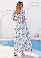 PRETTYGARDEN Women's Floral Boho Maxi Dresses Flowy Short Sleeve A Line Smocked Eyelet Summer Beach Vacation Clothes
