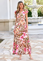 PRETTYGARDEN Wedding Guest Dresses for Women Spring Summer Short Sleeve Ruffle V Neck Floral Flowy Beach Maxi Long Dress