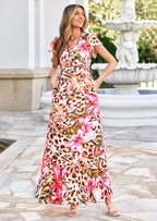 PRETTYGARDEN Wedding Guest Dresses for Women Spring Summer Short Sleeve Ruffle V Neck Floral Flowy Beach Maxi Long Dress