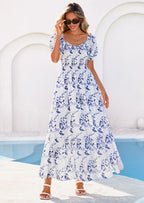 PRETTYGARDEN Women's Floral Boho Maxi Dresses Flowy Short Sleeve A Line Smocked Eyelet Summer Beach Vacation Clothes