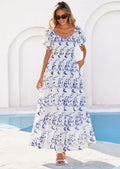 PRETTYGARDEN Women's Floral Boho Maxi Dresses Flowy Short Sleeve A Line Smocked Eyelet Summer Beach Vacation Clothes