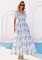 PRETTYGARDEN Women's Floral Boho Maxi Dresses Flowy Short Sleeve A Line Smocked Eyelet Summer Beach Vacation Clothes