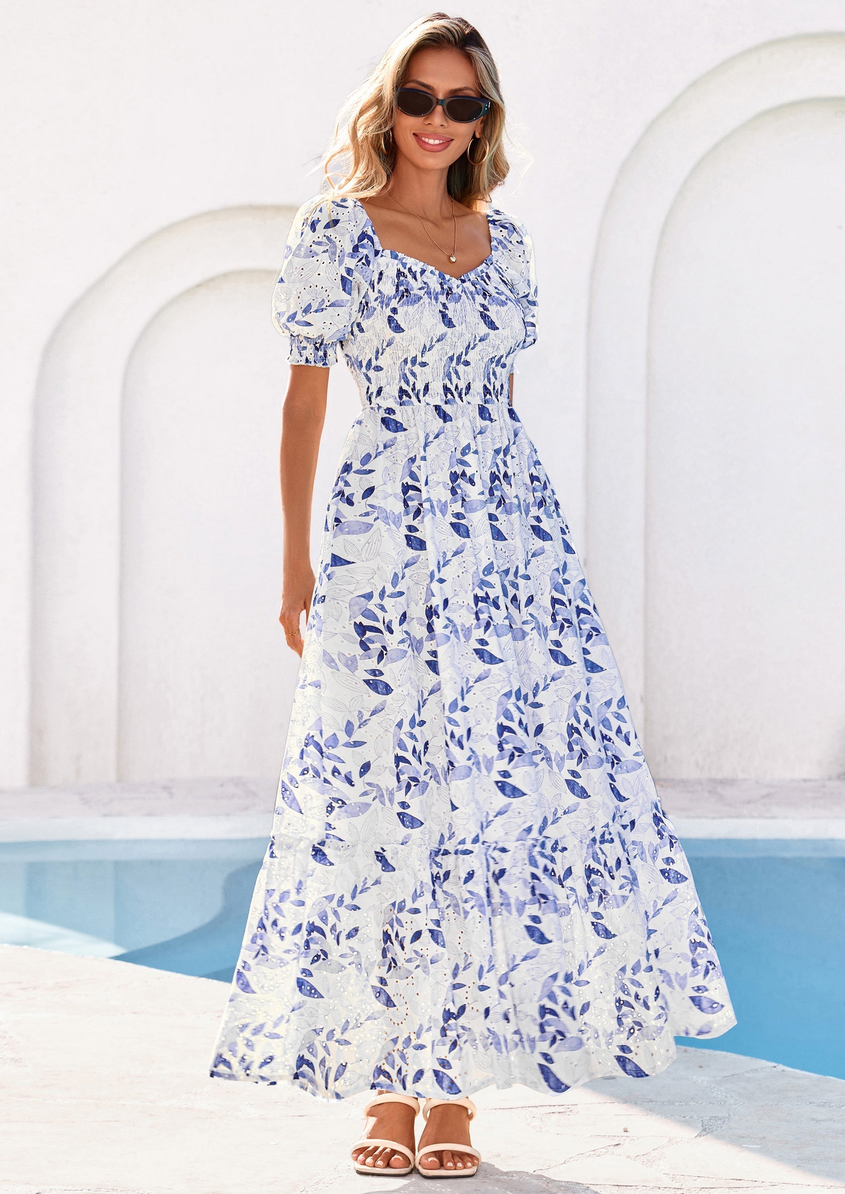 PRETTYGARDEN Women's Floral Boho Maxi Dresses Flowy Short Sleeve A Line Smocked Eyelet Summer Beach Vacation Clothes