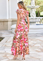 PRETTYGARDEN Wedding Guest Dresses for Women Spring Summer Short Sleeve Ruffle V Neck Floral Flowy Beach Maxi Long Dress