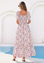 PRETTYGARDEN Women's Floral Boho Maxi Dresses Flowy Short Sleeve A Line Smocked Eyelet Summer Beach Vacation Clothes