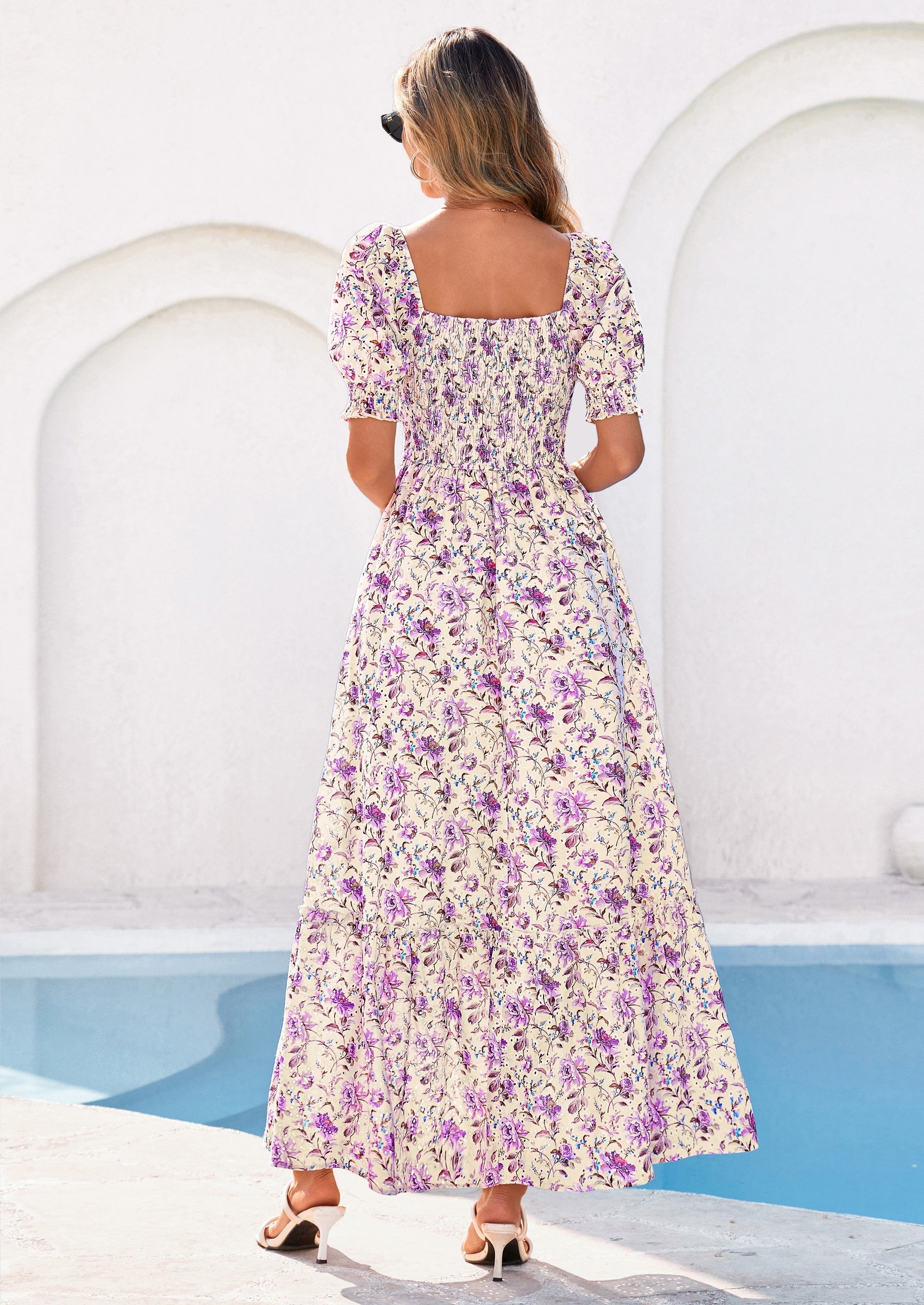 PRETTYGARDEN Women's Floral Boho Maxi Dresses Flowy Short Sleeve A Line Smocked Eyelet Summer Beach Vacation Clothes