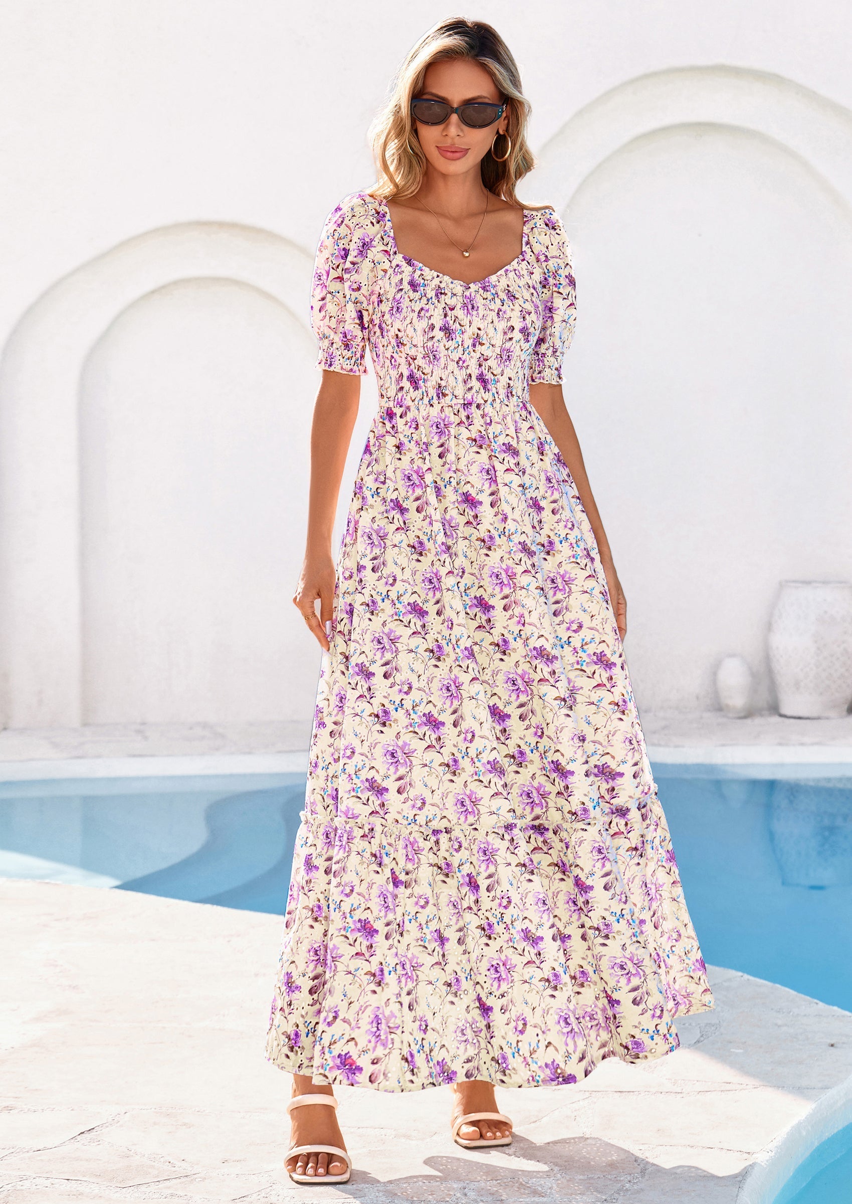 PRETTYGARDEN Women's Floral Boho Maxi Dresses Flowy Short Sleeve A Line Smocked Eyelet Summer Beach Vacation Clothes