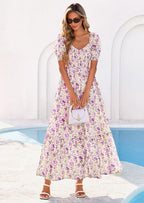 PRETTYGARDEN Women's Floral Boho Maxi Dresses Flowy Short Sleeve A Line Smocked Eyelet Summer Beach Vacation Clothes