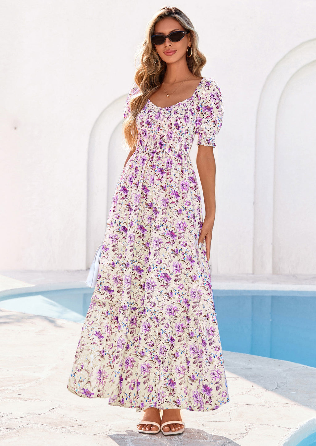 PRETTYGARDEN Women's Floral Boho Maxi Dresses Flowy Short Sleeve A Line Smocked Eyelet Summer Beach Vacation Clothes