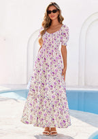 PRETTYGARDEN Women's Floral Boho Maxi Dresses Flowy Short Sleeve A Line Smocked Eyelet Summer Beach Vacation Clothes