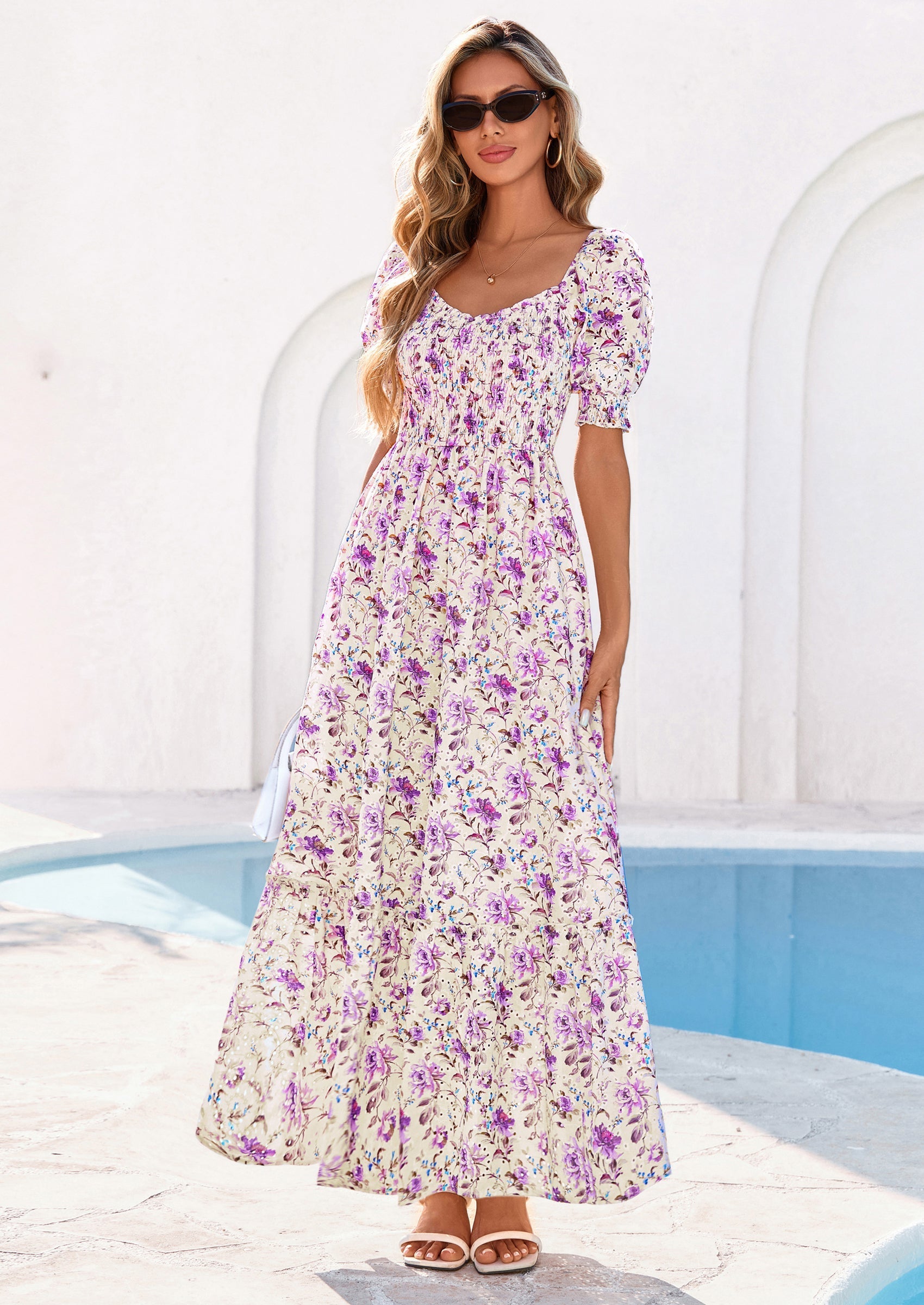 PRETTYGARDEN Women's Floral Boho Maxi Dresses Flowy Short Sleeve A Line Smocked Eyelet Summer Beach Vacation Clothes