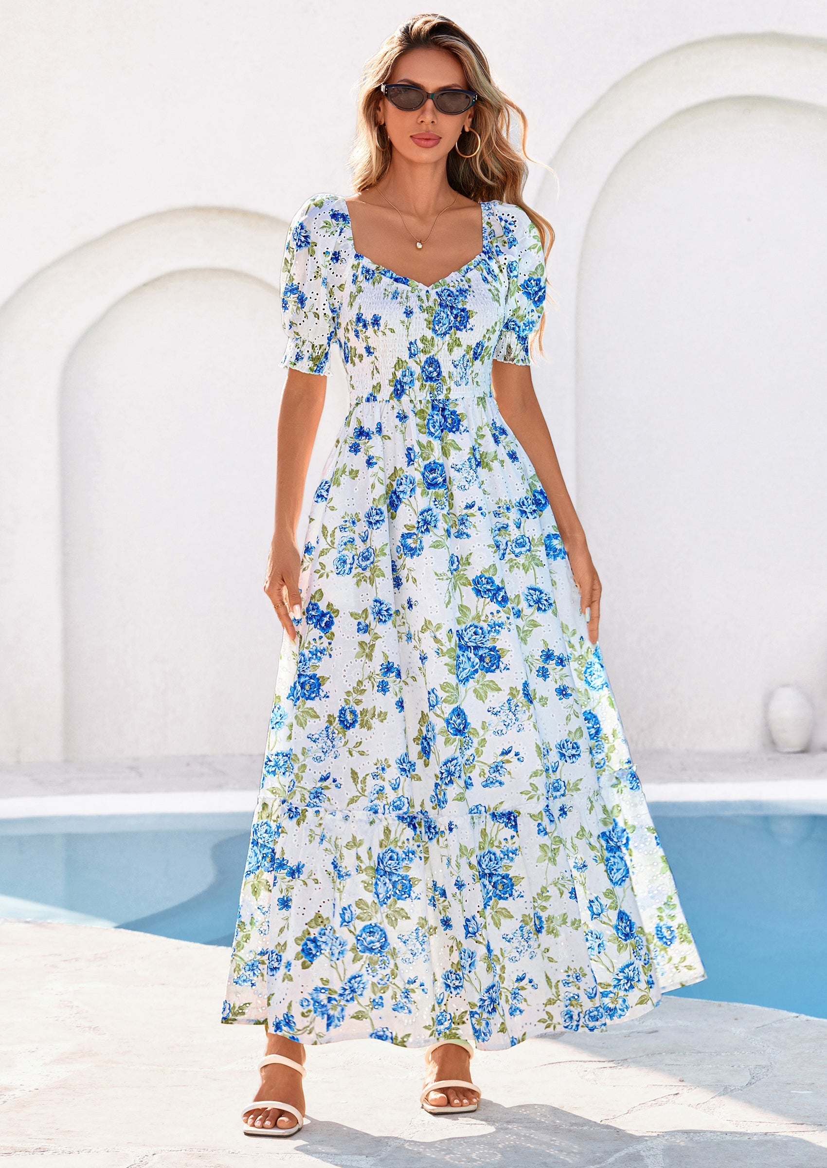 PRETTYGARDEN Women's Floral Boho Maxi Dresses Flowy Short Sleeve A Line Smocked Eyelet Summer Beach Vacation Clothes