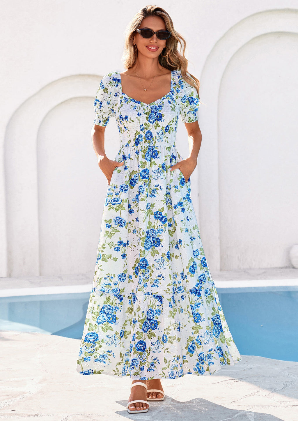 PRETTYGARDEN Women's Floral Boho Maxi Dresses Flowy Short Sleeve A Line Smocked Eyelet Summer Beach Vacation Clothes