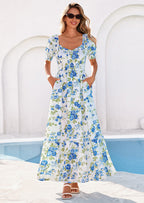 PRETTYGARDEN Women's Floral Boho Maxi Dresses Flowy Short Sleeve A Line Smocked Eyelet Summer Beach Vacation Clothes