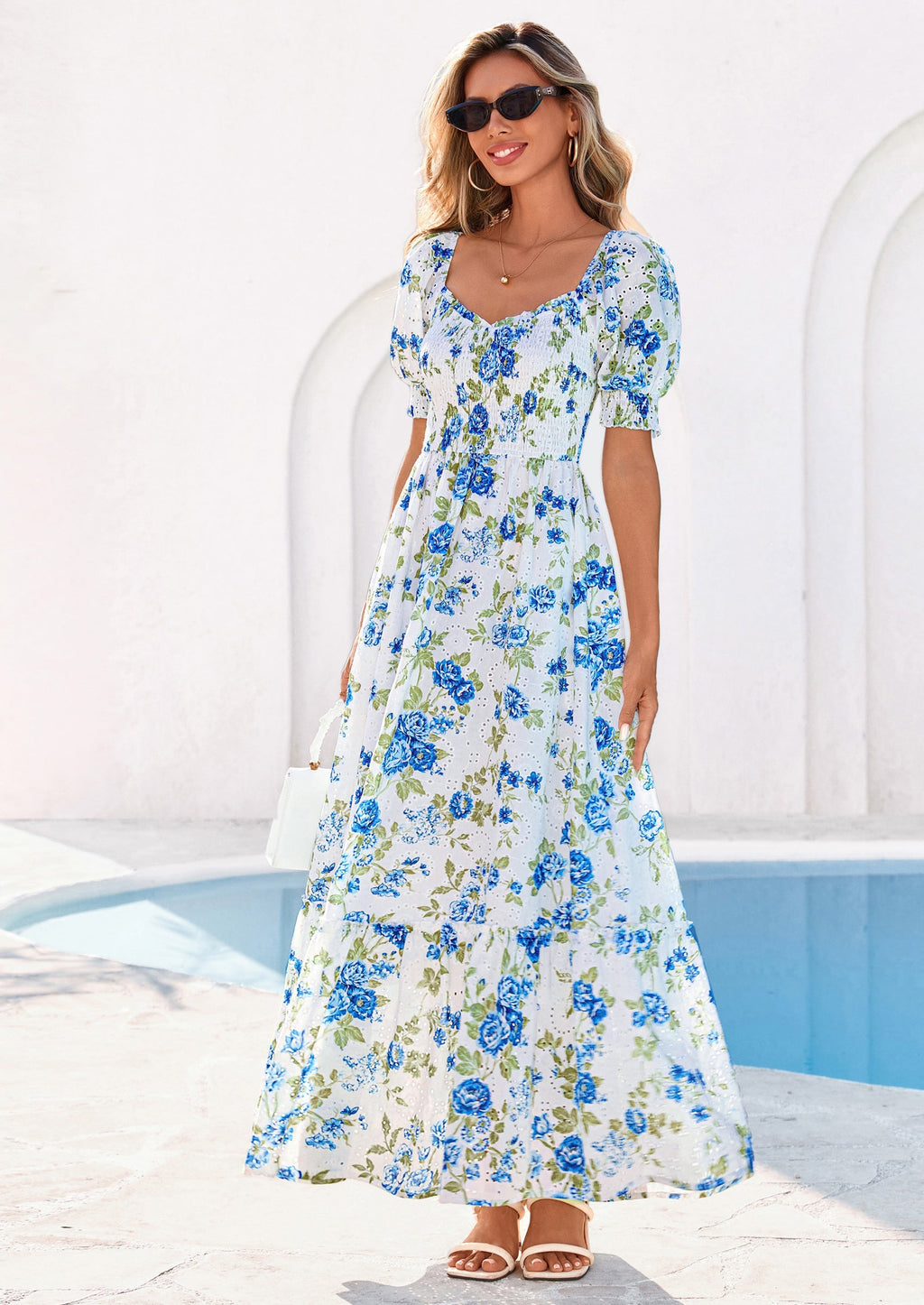 PRETTYGARDEN Women's Floral Boho Maxi Dresses Flowy Short Sleeve A Line Smocked Eyelet Summer Beach Vacation Clothes