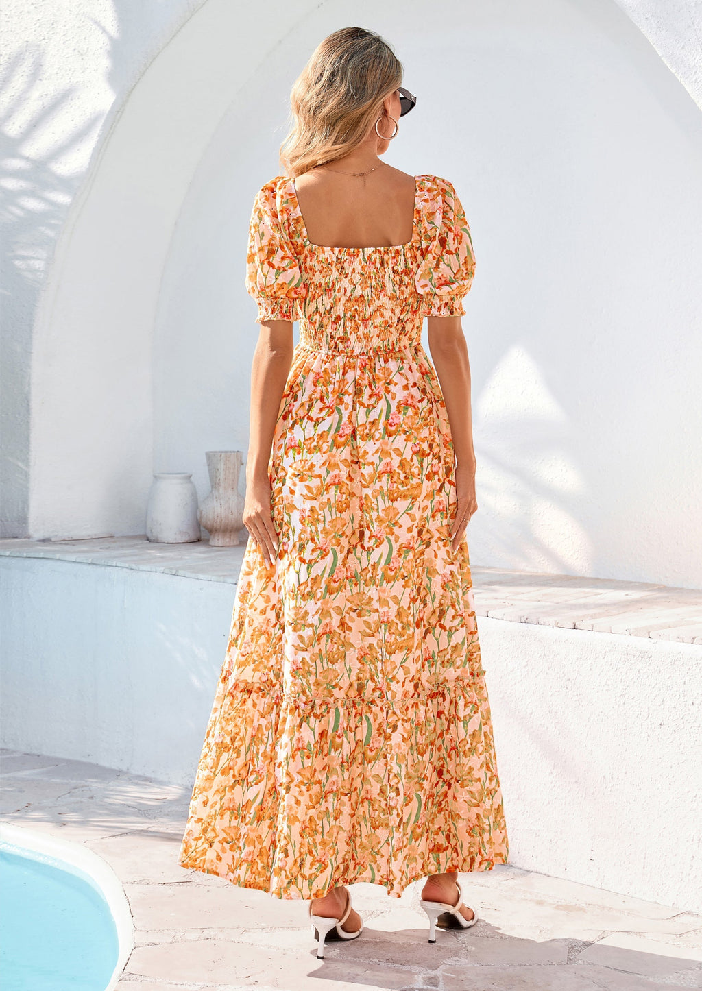 PRETTYGARDEN Women's Floral Boho Maxi Dresses Flowy Short Sleeve A Line Smocked Eyelet Summer Beach Vacation Clothes