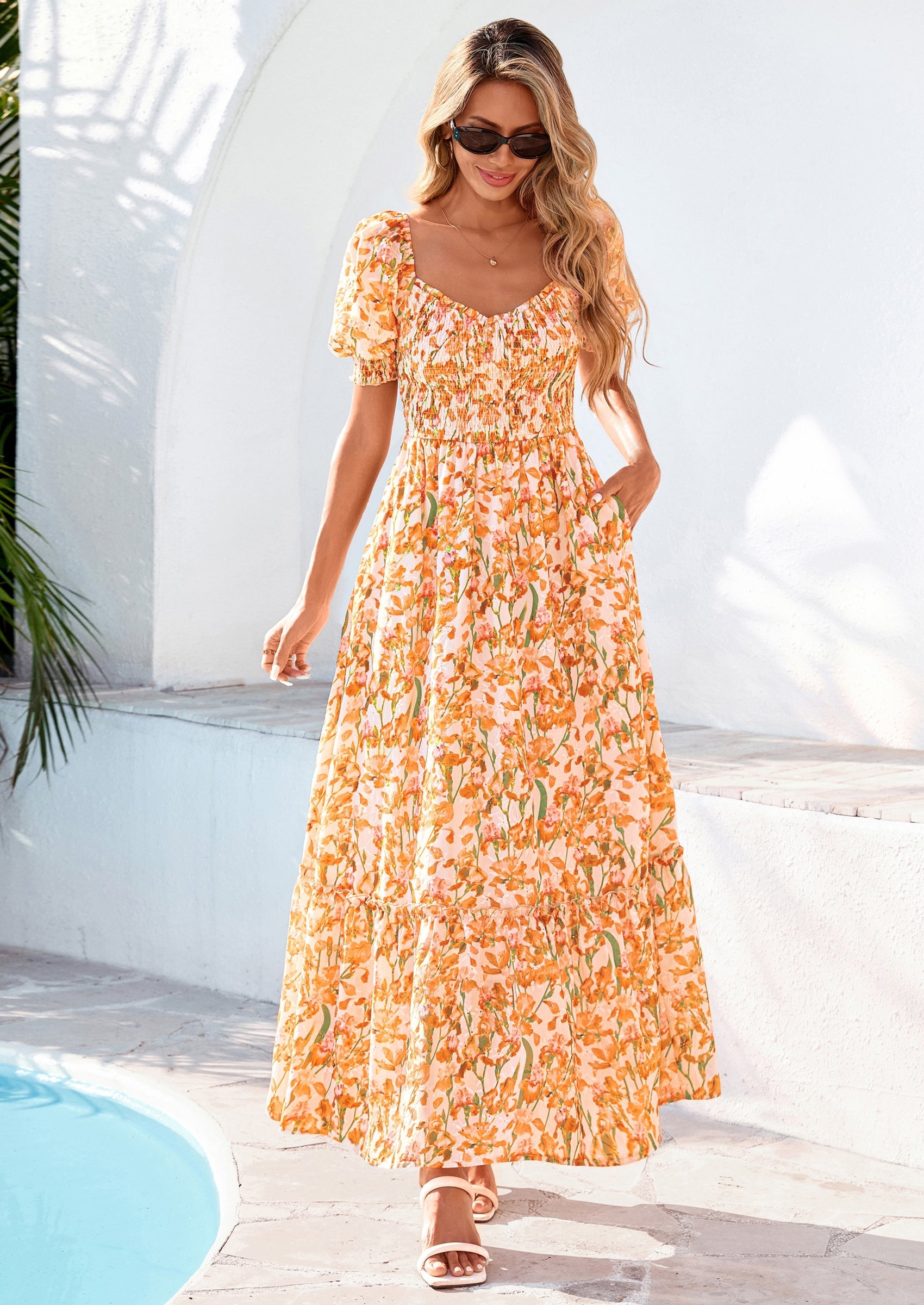 PRETTYGARDEN Women's Floral Boho Maxi Dresses Flowy Short Sleeve A Line Smocked Eyelet Summer Beach Vacation Clothes