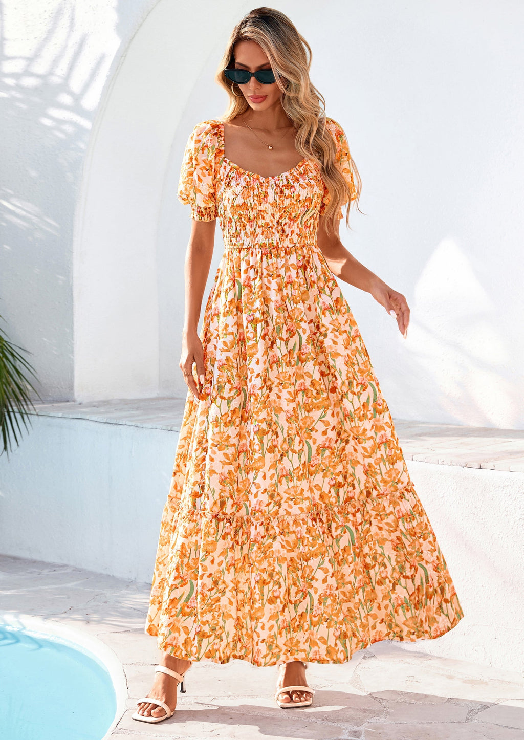 PRETTYGARDEN Women's Floral Boho Maxi Dresses Flowy Short Sleeve A Line Smocked Eyelet Summer Beach Vacation Clothes